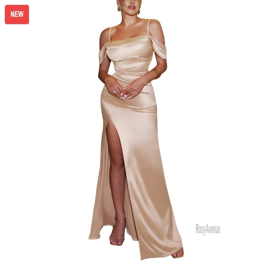 Formal Off Shoulder Maxi Dress Built-in Bra High Slit Satin Gown